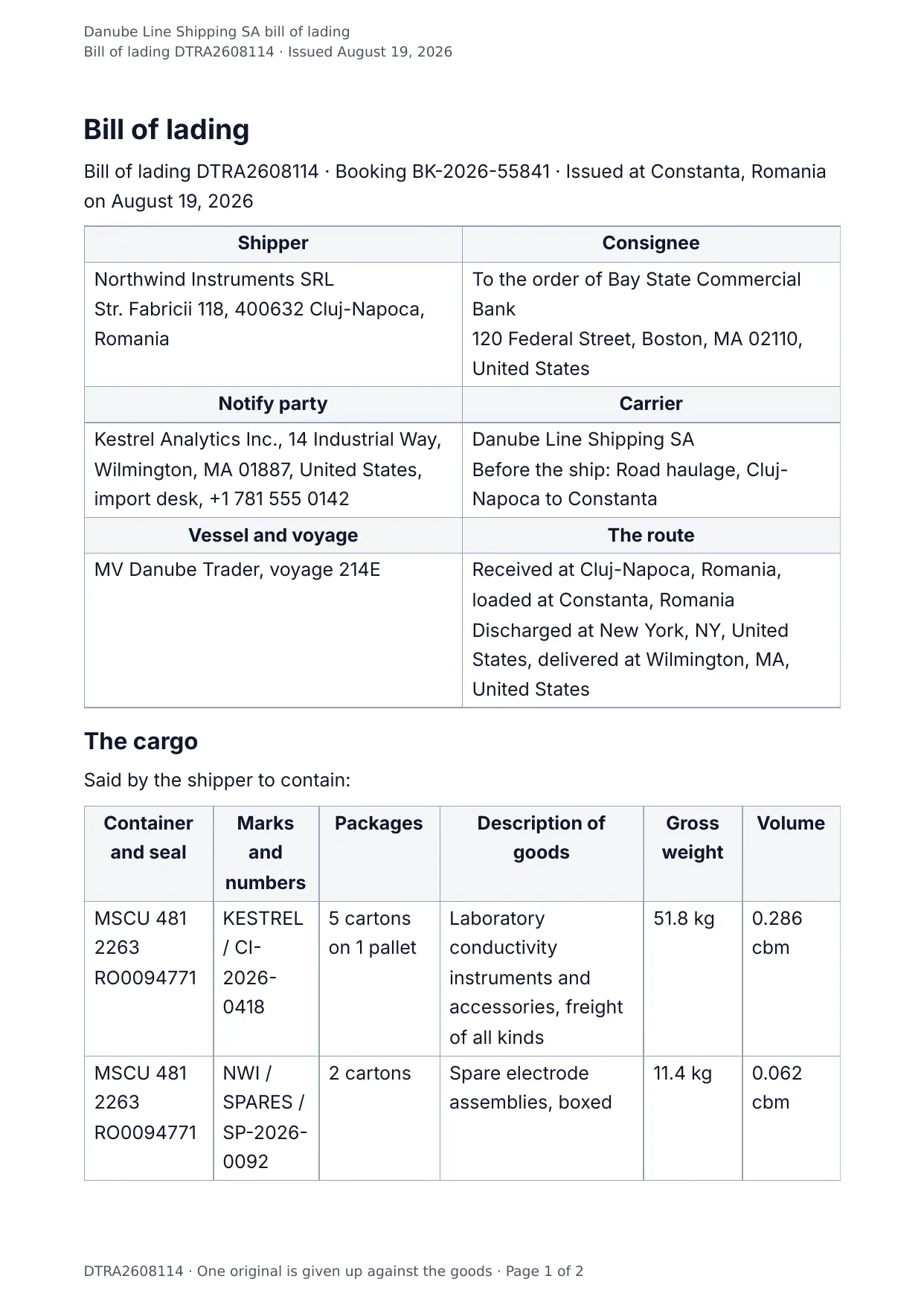 The document DocMake makes from the Bill of Lading template