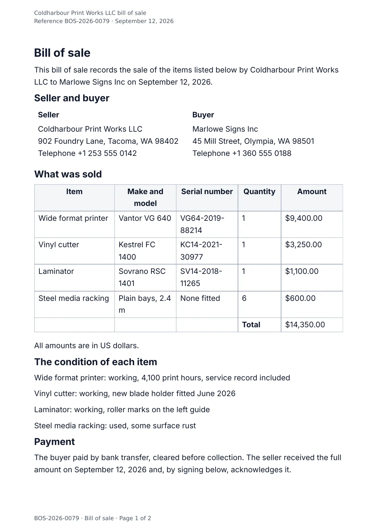 The document DocMake makes from the Bill of Sale template