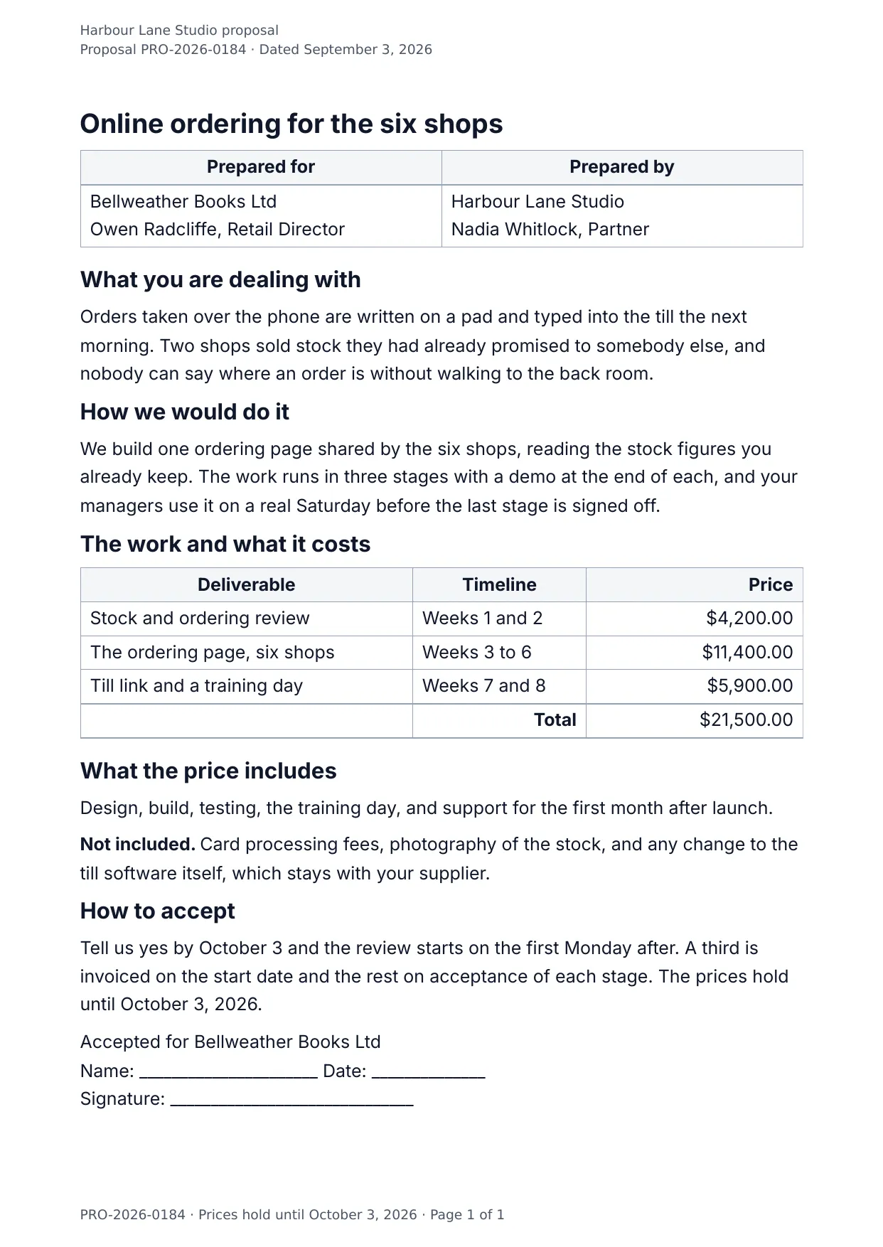 The document DocMake makes from the Business Proposal template