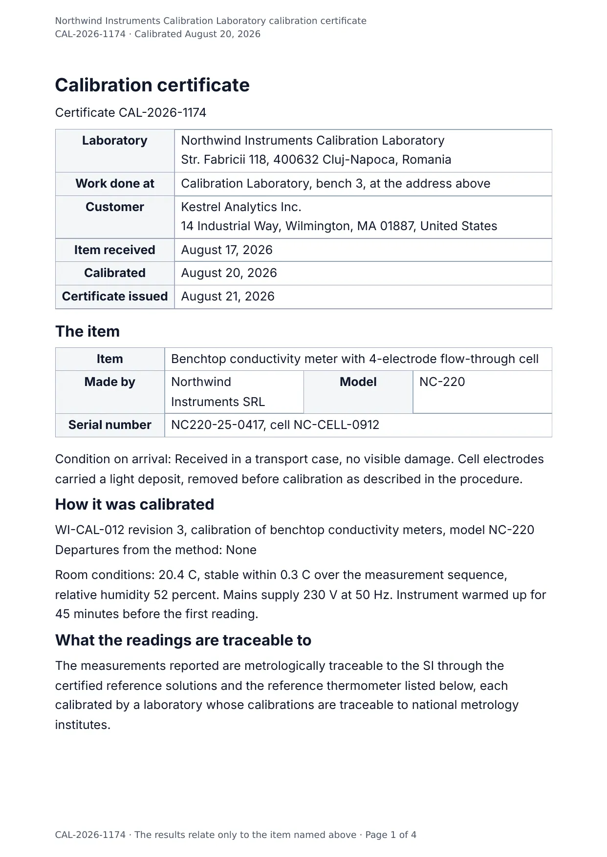 The document DocMake makes from the Calibration Certificate template