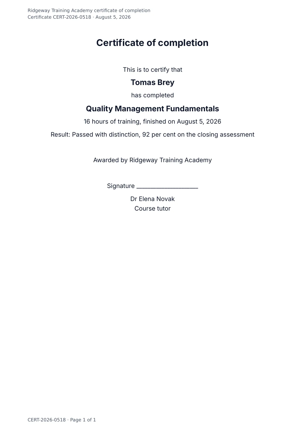The document DocMake makes from the Certificate of Completion template