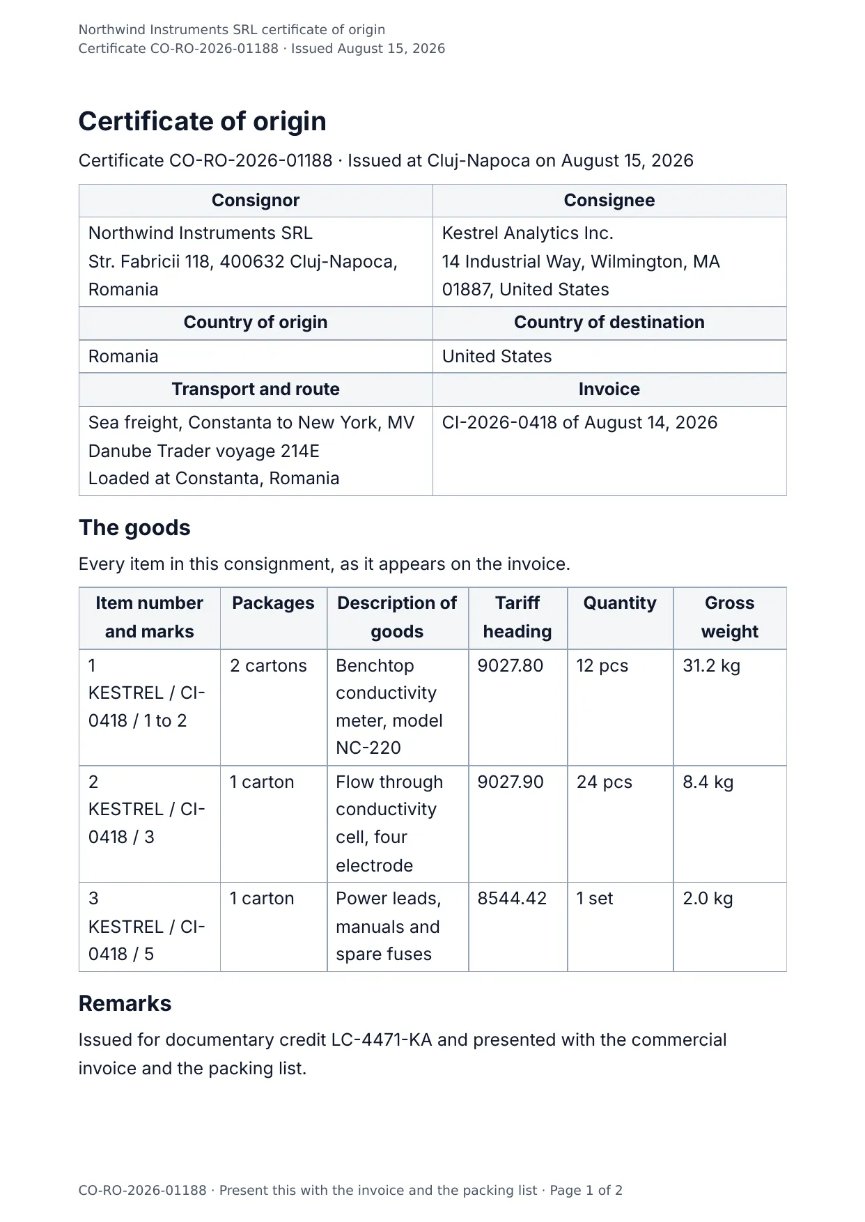 The document DocMake makes from the Certificate of Origin template