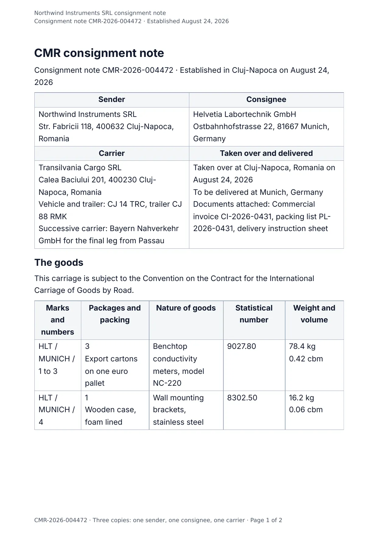 The document DocMake makes from the CMR Consignment Note template