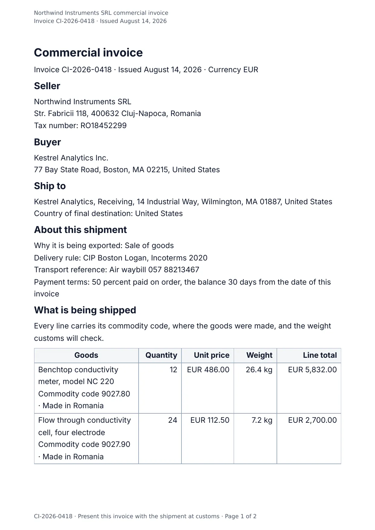 The document DocMake makes from the Commercial Invoice template