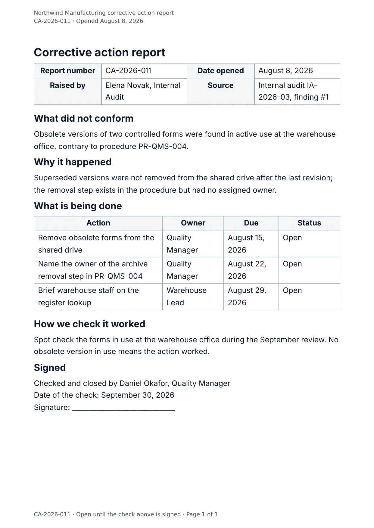 The document DocMake makes from the Corrective Action Report template