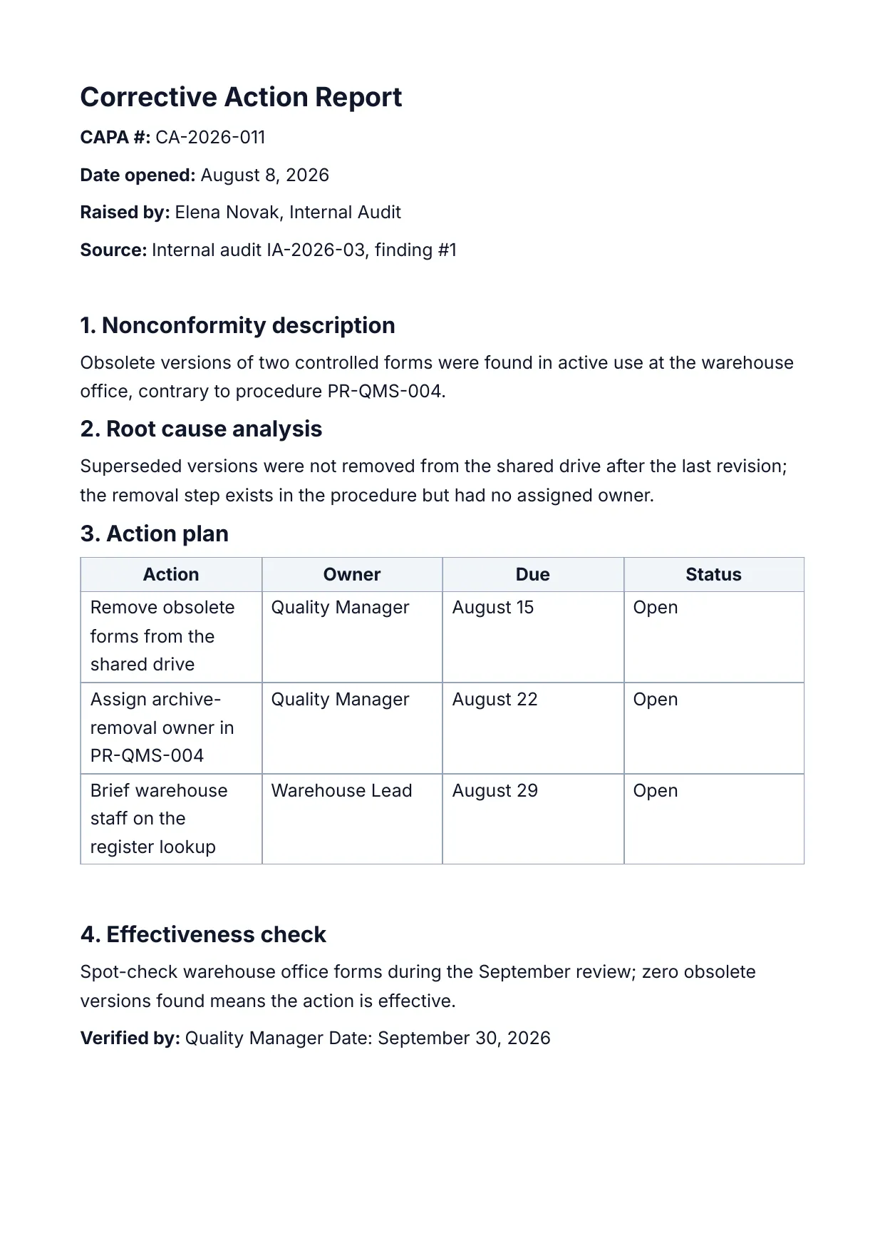 Corrective Action Report (CAPA) template rendered by DocMake