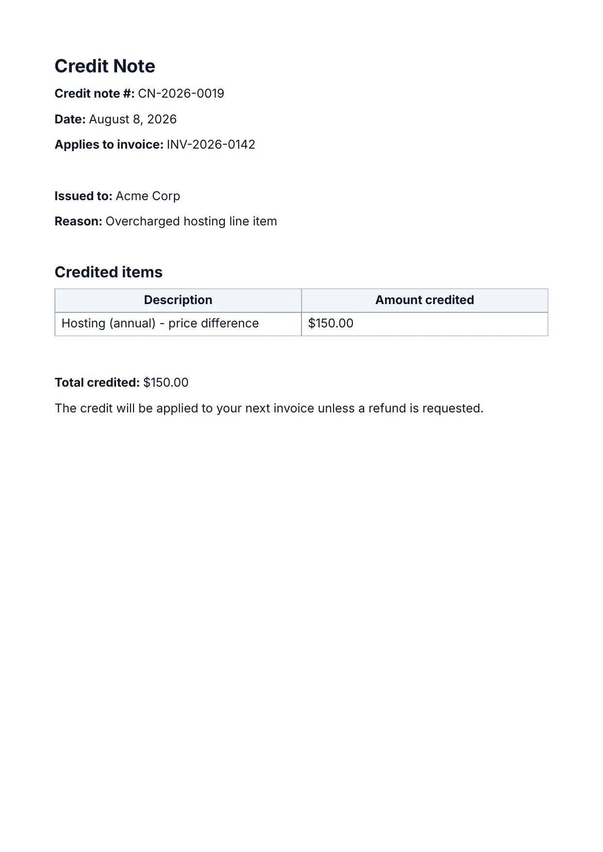 Credit Note template rendered by DocMake