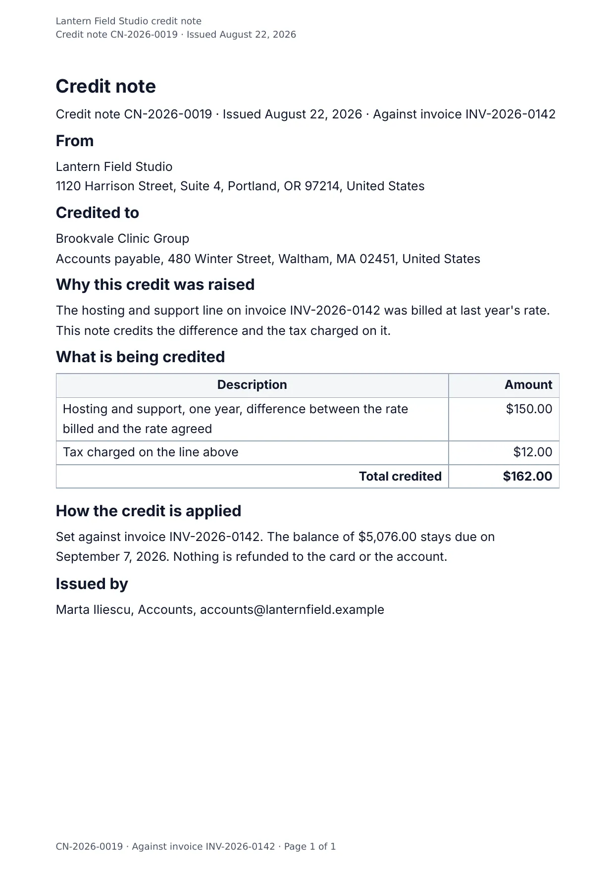 The document DocMake makes from the Credit Note template