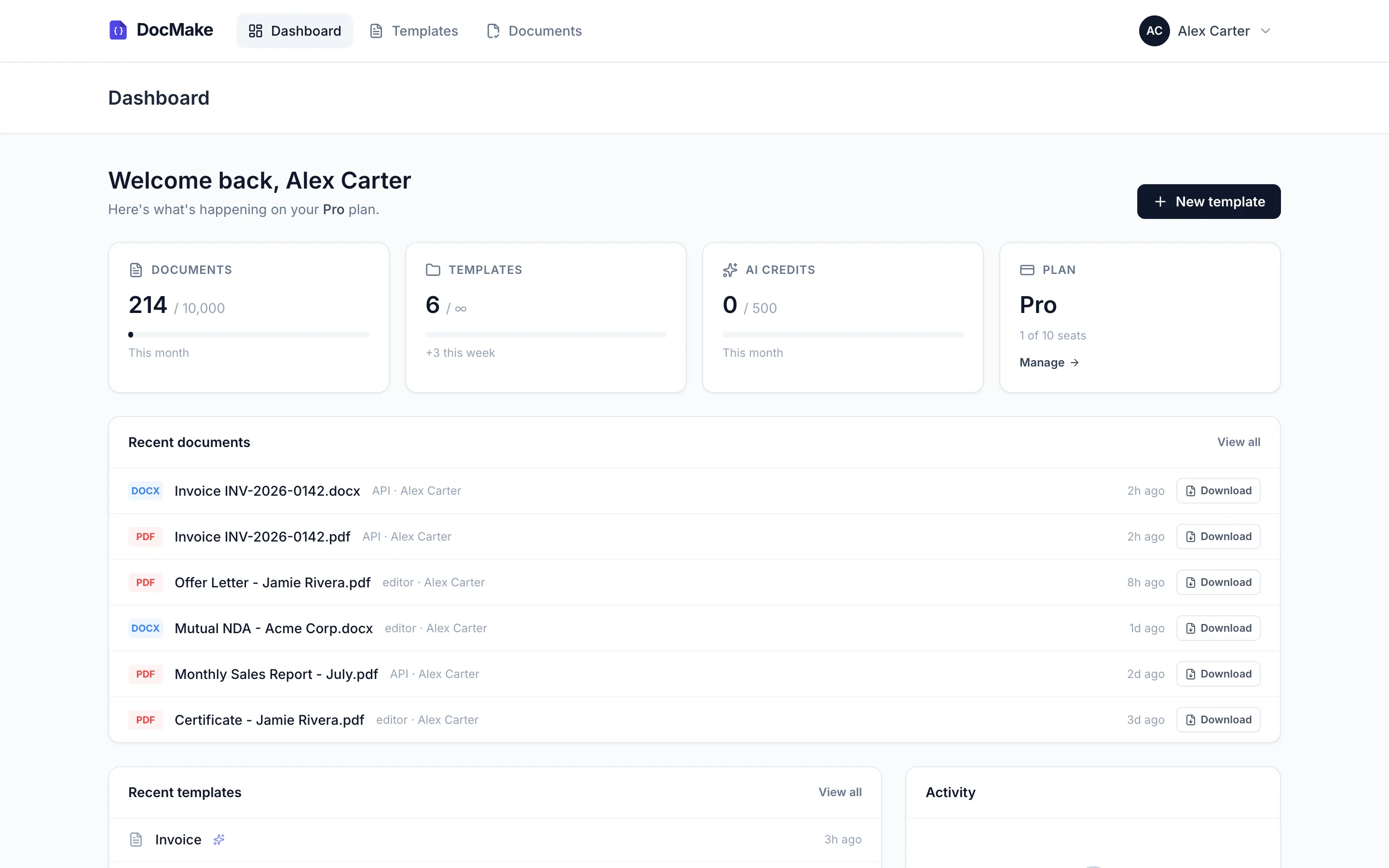 The DocMake dashboard showing rendered documents ready to download as DOCX and PDF