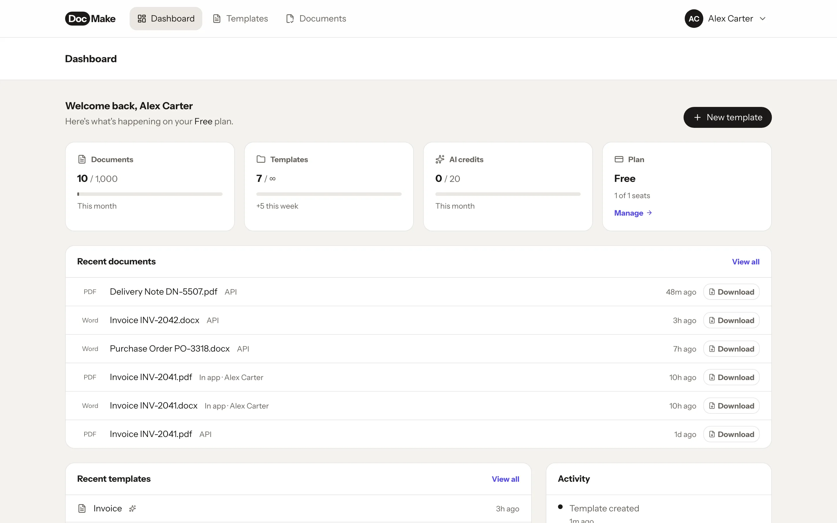 The DocMake dashboard showing finished documents ready to download as DOCX and PDF