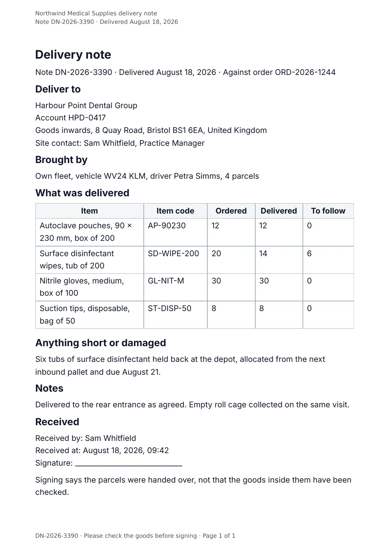 The document DocMake makes from the Delivery Note template