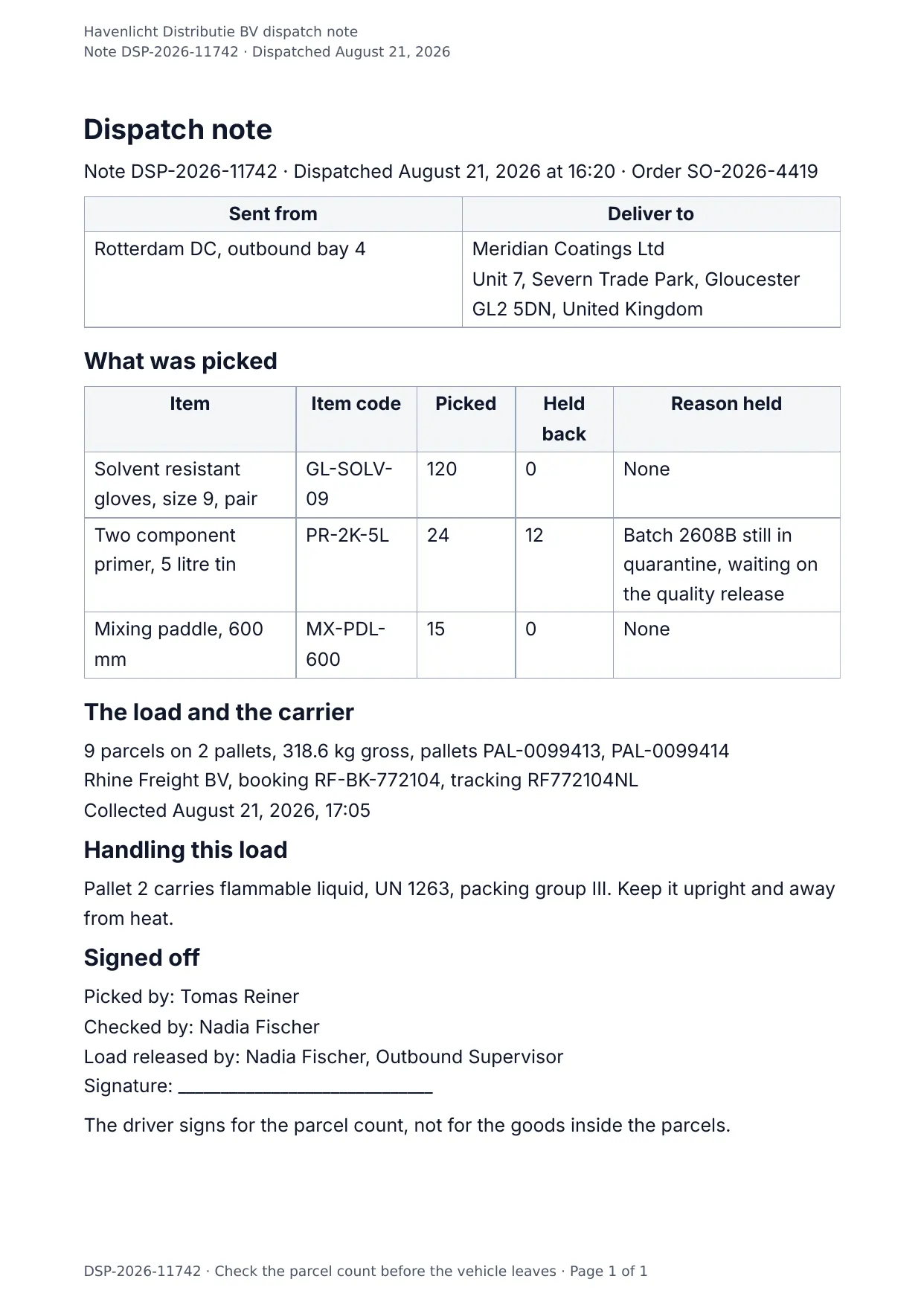 The document DocMake makes from the Dispatch Note template
