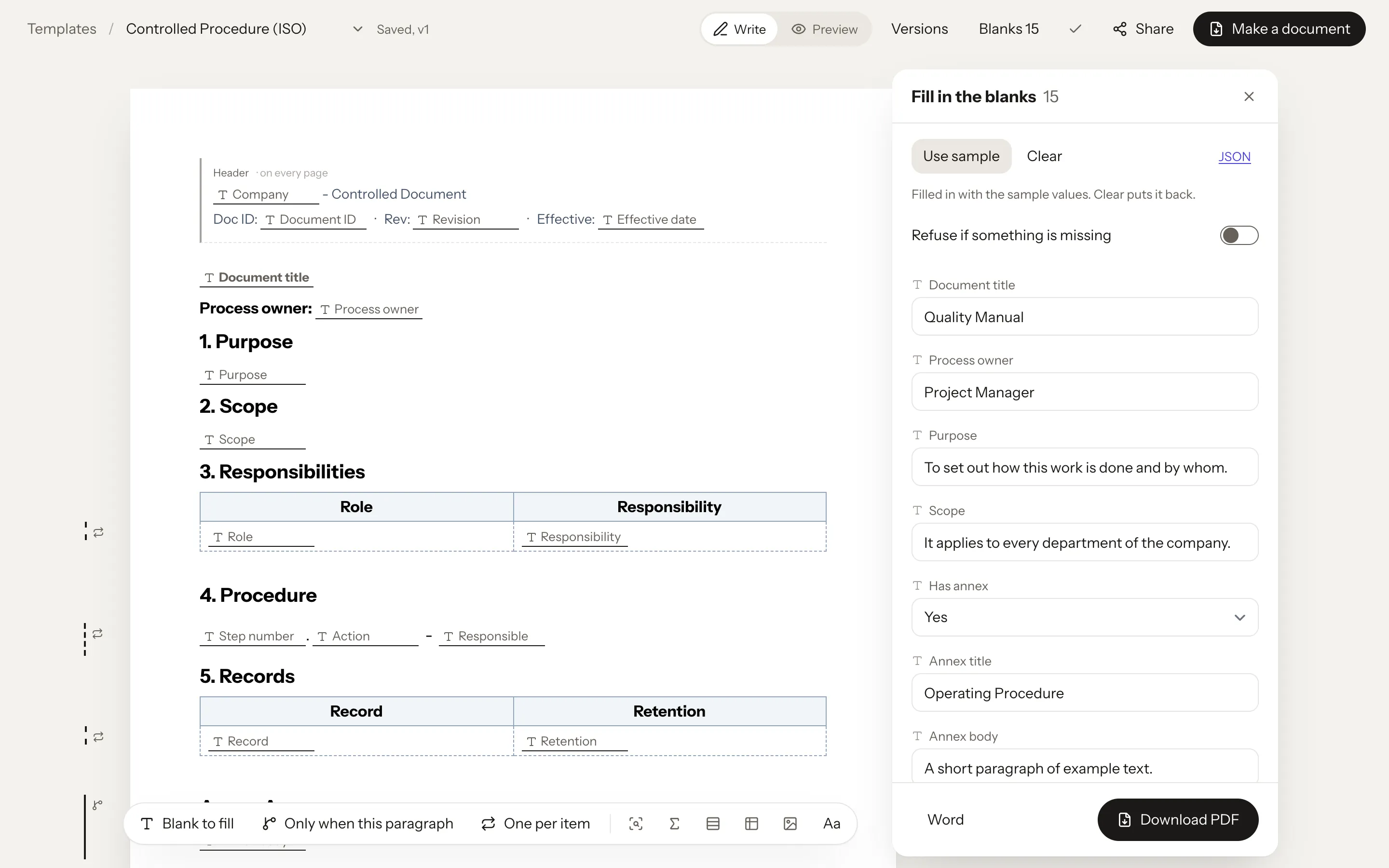 The DocMake editor on an ISO controlled procedure: blanks underlined on the page, the Fill in the blanks sheet beside it, and Blank to fill, Only when and One per item in the bar