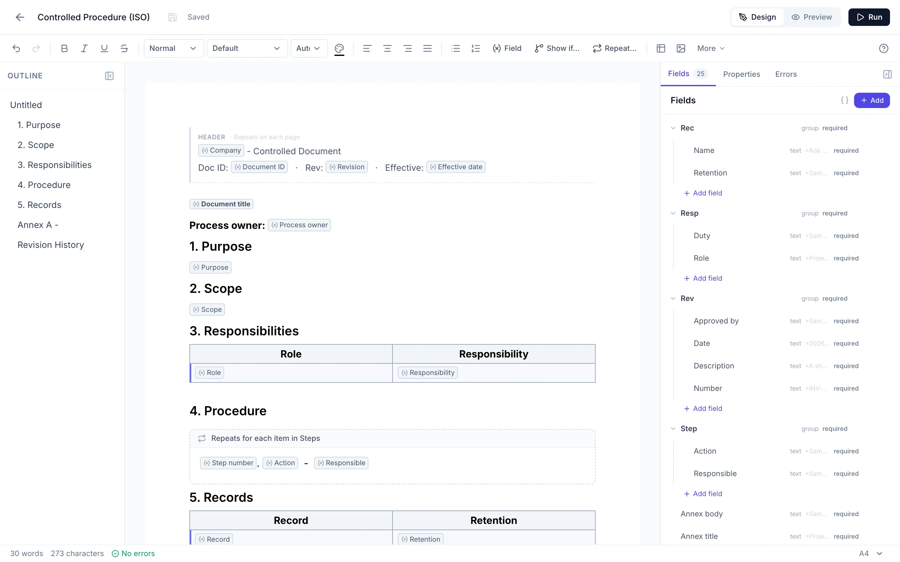 The DocMake template editor: an ISO controlled procedure with fill-in fields, repeating sections, and the field panel open