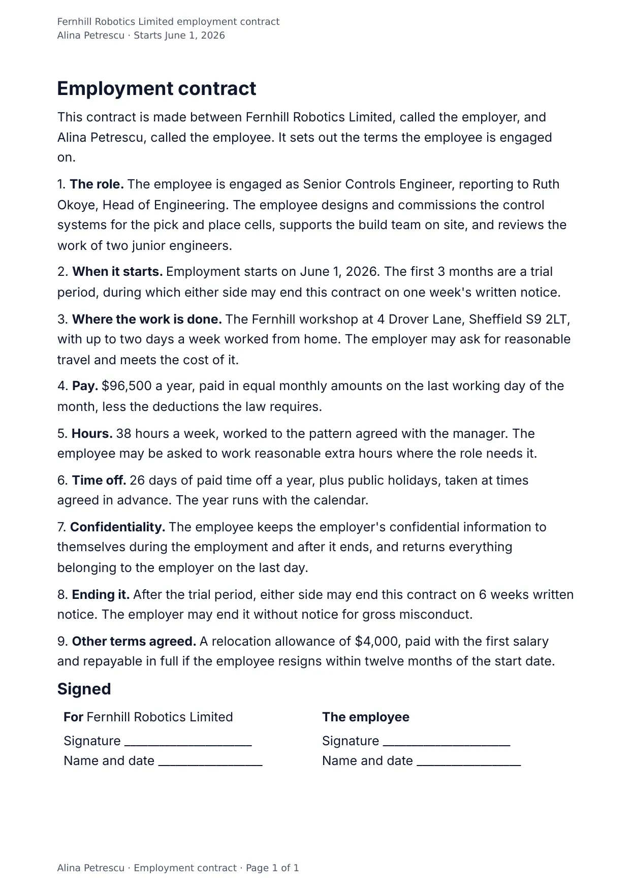 The document DocMake makes from the Employment Contract template