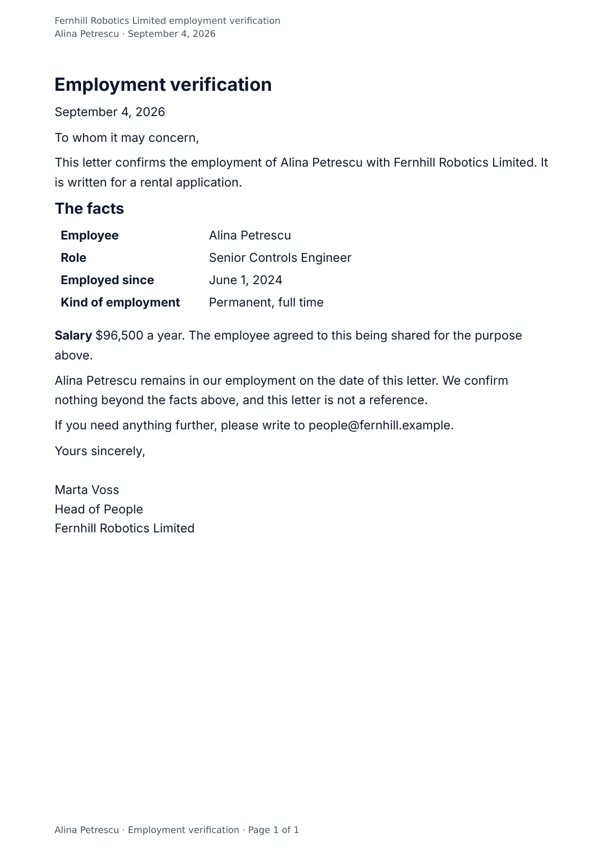 The document DocMake makes from the Employment Verification Letter template