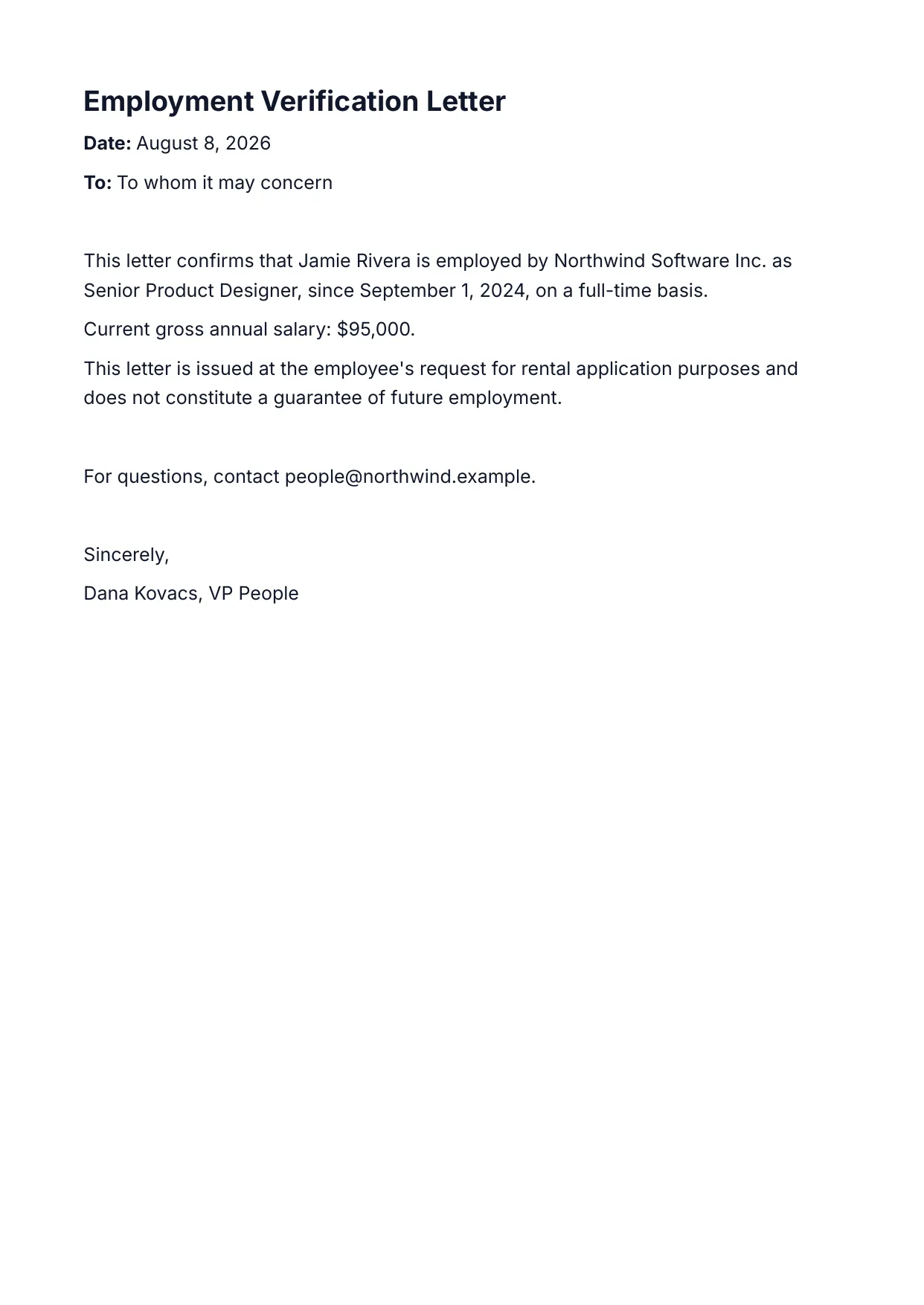 Employment Verification Letter template rendered by DocMake