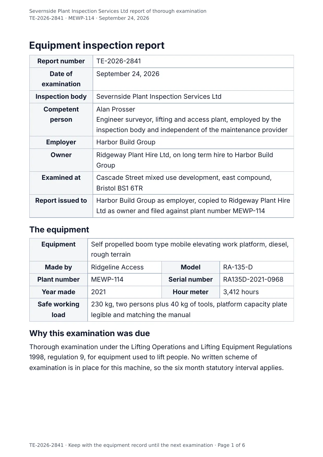 The document DocMake makes from the Equipment Inspection Report template