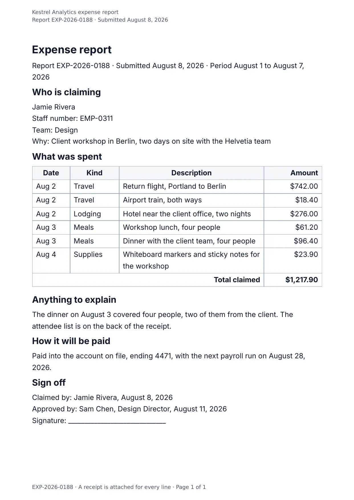 The document DocMake makes from the Expense Report template