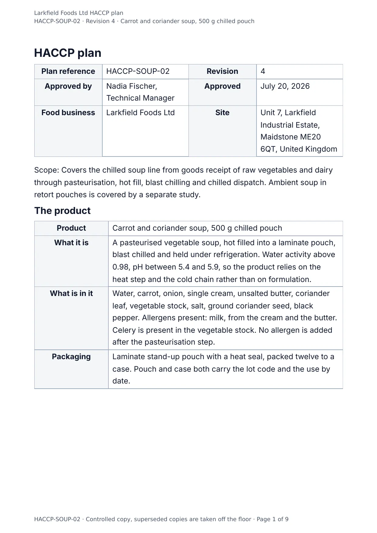 The document DocMake makes from the HACCP Plan template