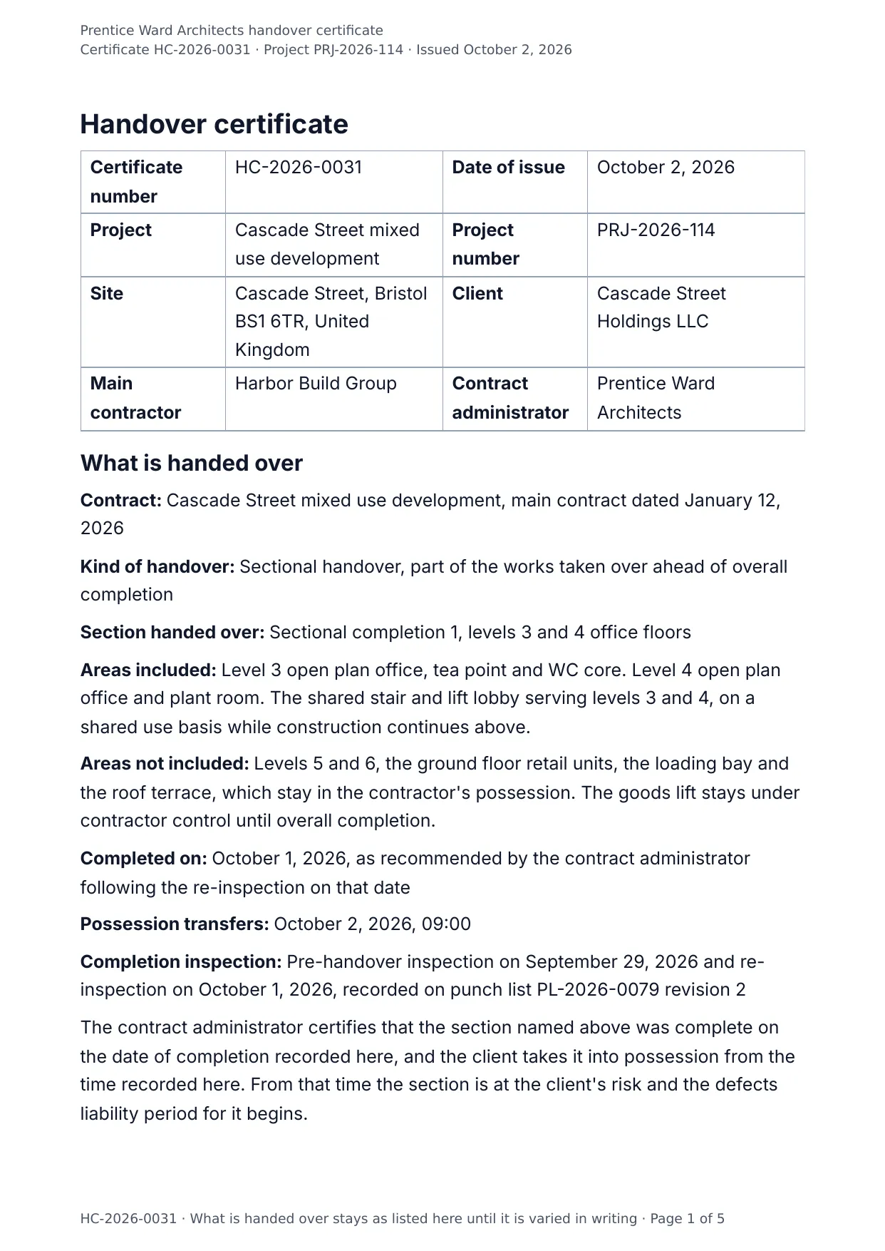 The document DocMake makes from the Handover Certificate template