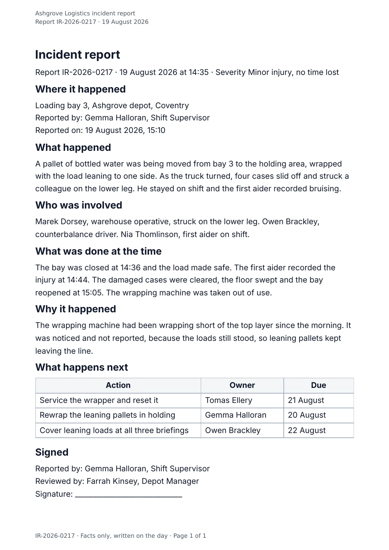 The document DocMake makes from the Incident Report template