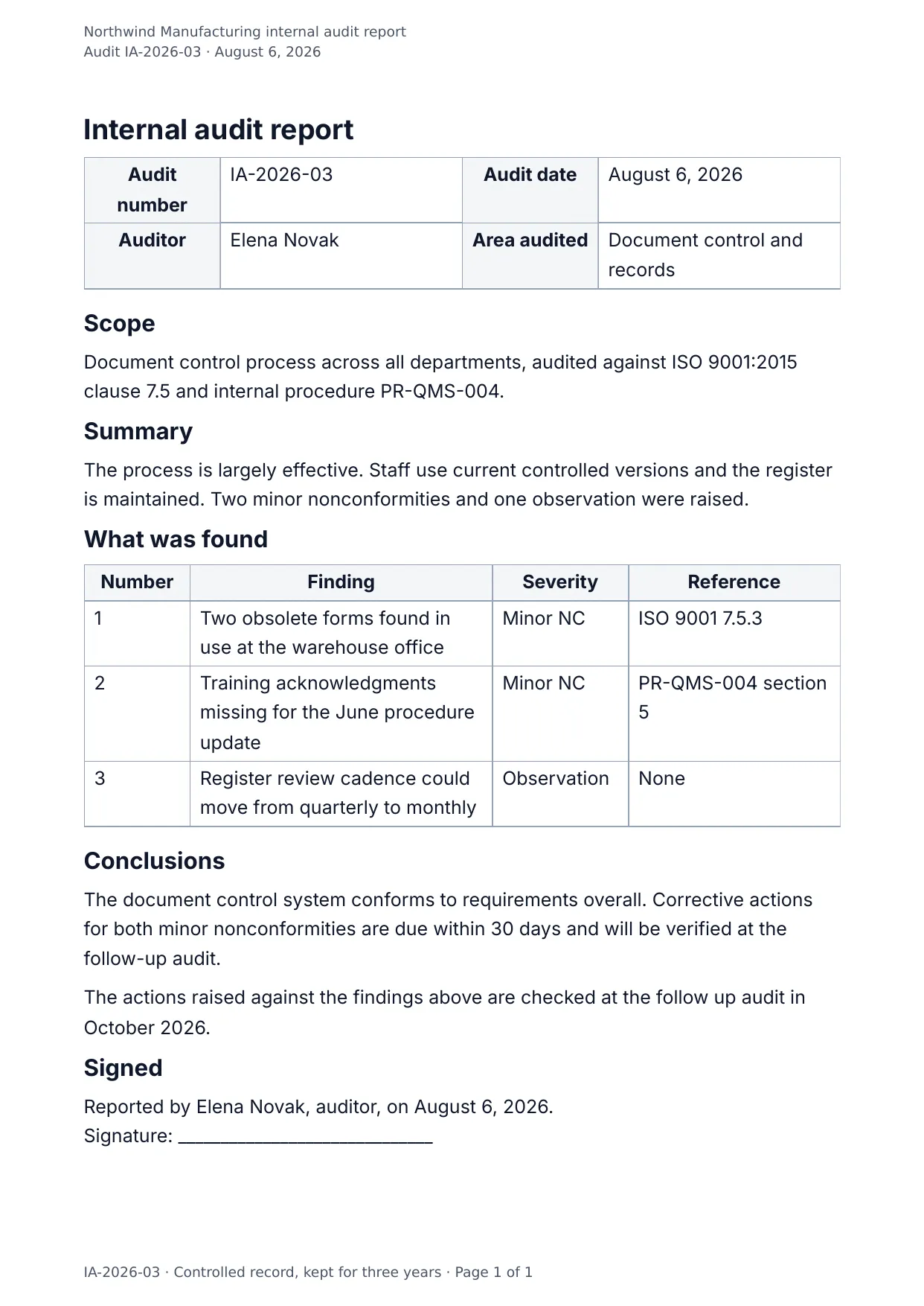 The document DocMake makes from the Internal Audit Report template