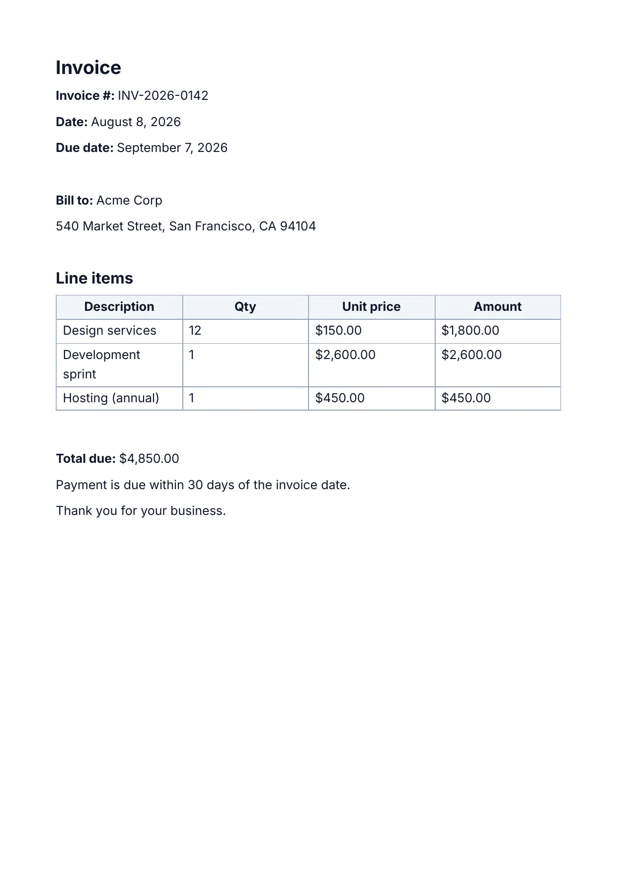 Invoice template rendered by DocMake