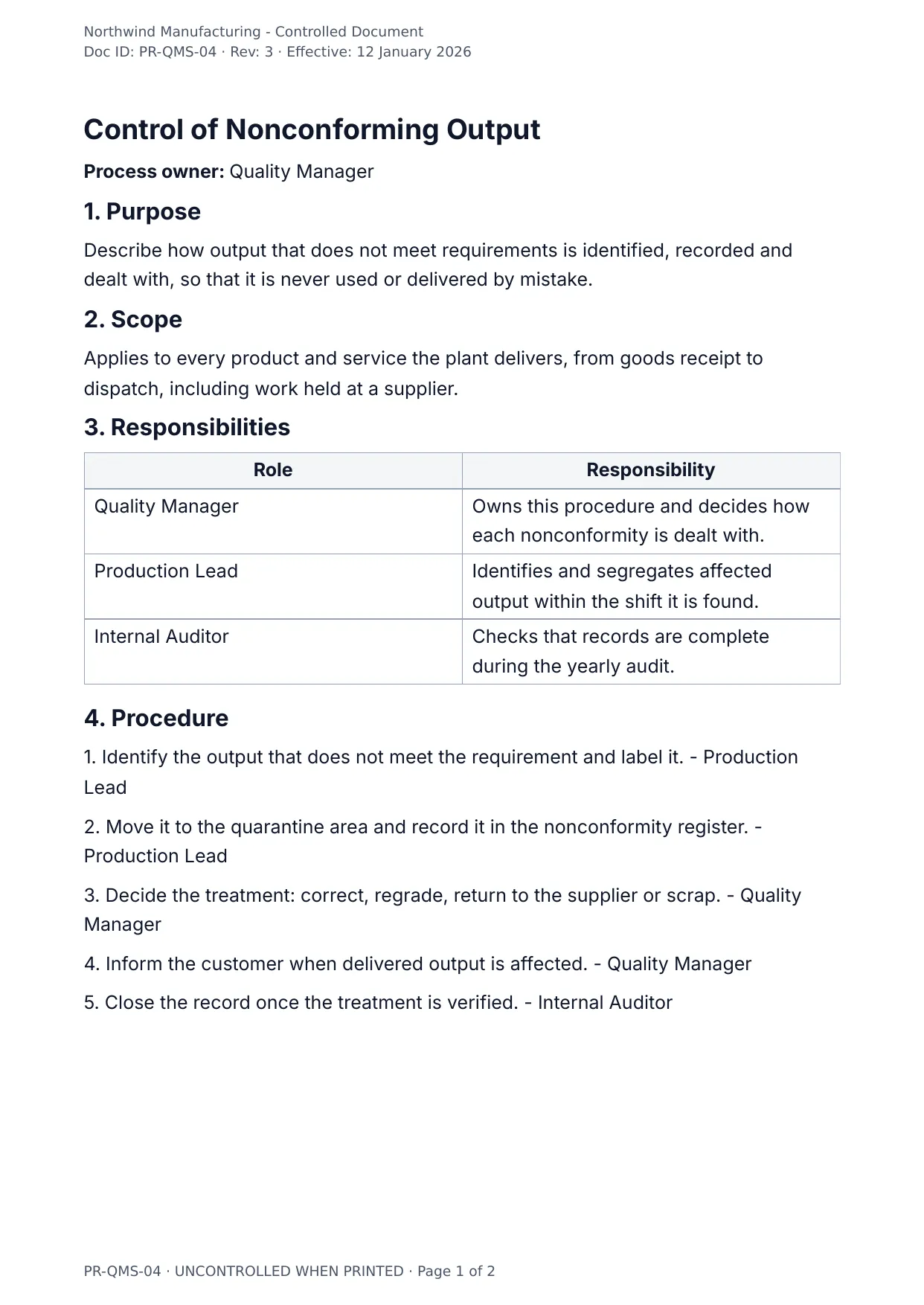 The document DocMake makes from the Controlled Procedure (ISO) template