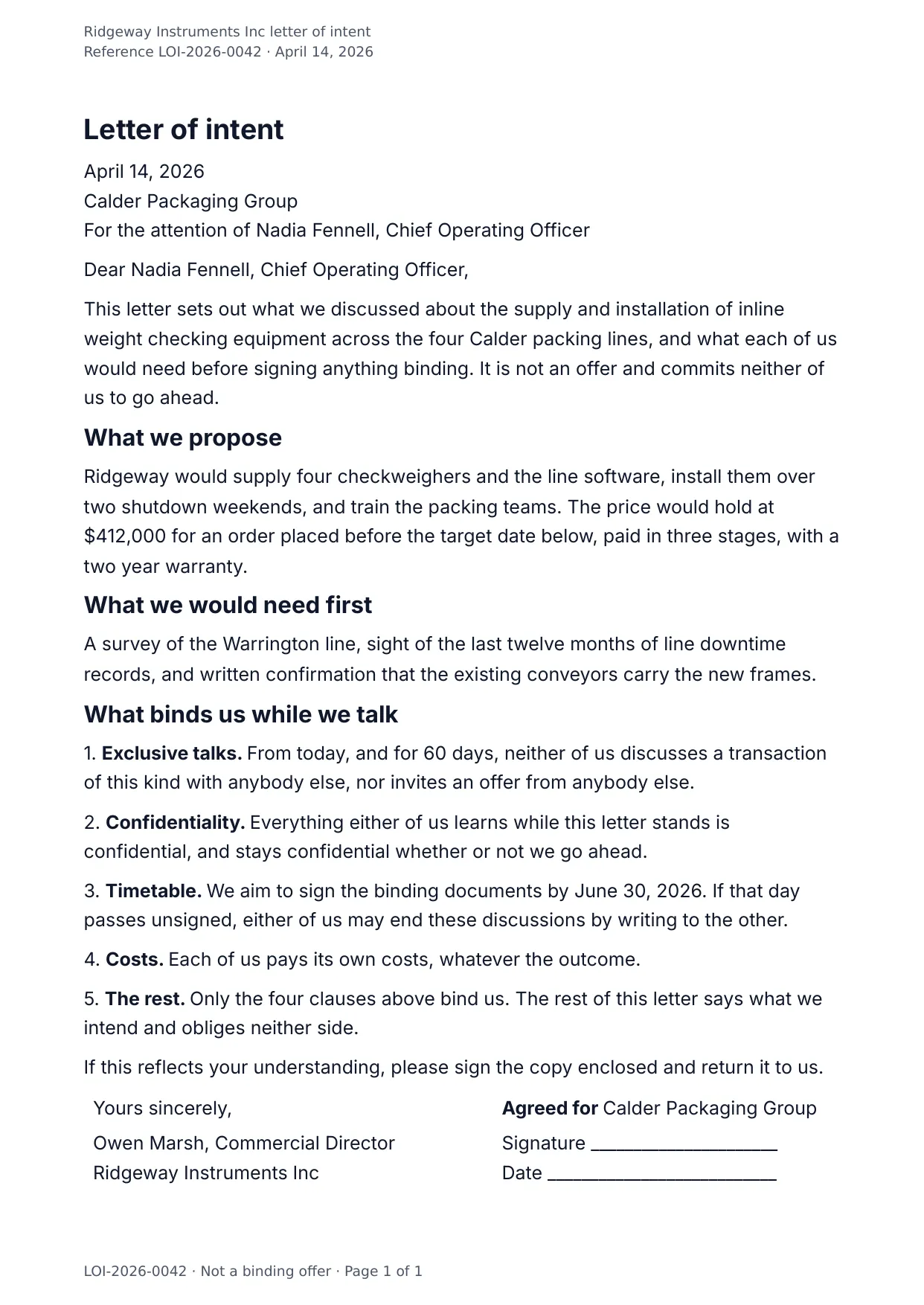 The document DocMake makes from the Letter of Intent template