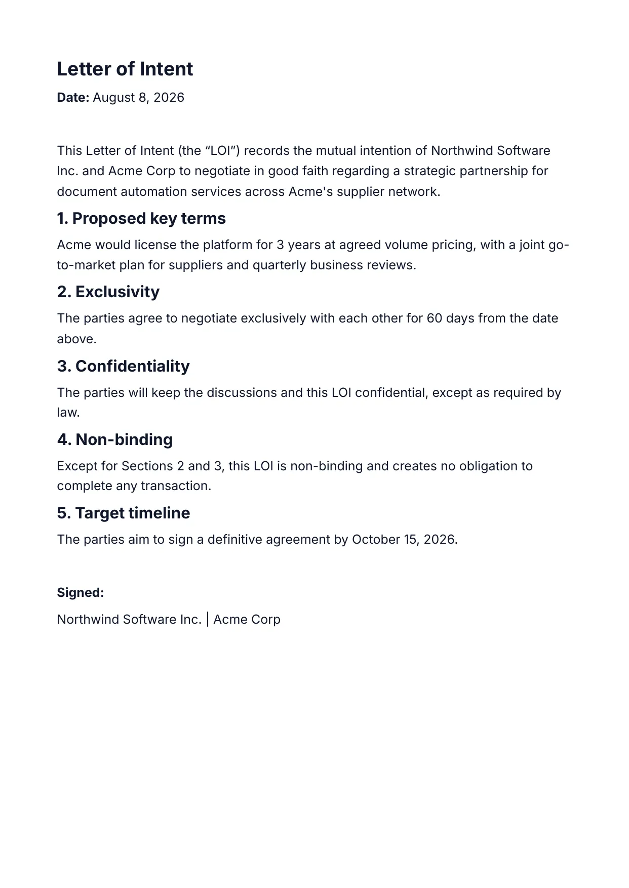 Letter of Intent template rendered by DocMake