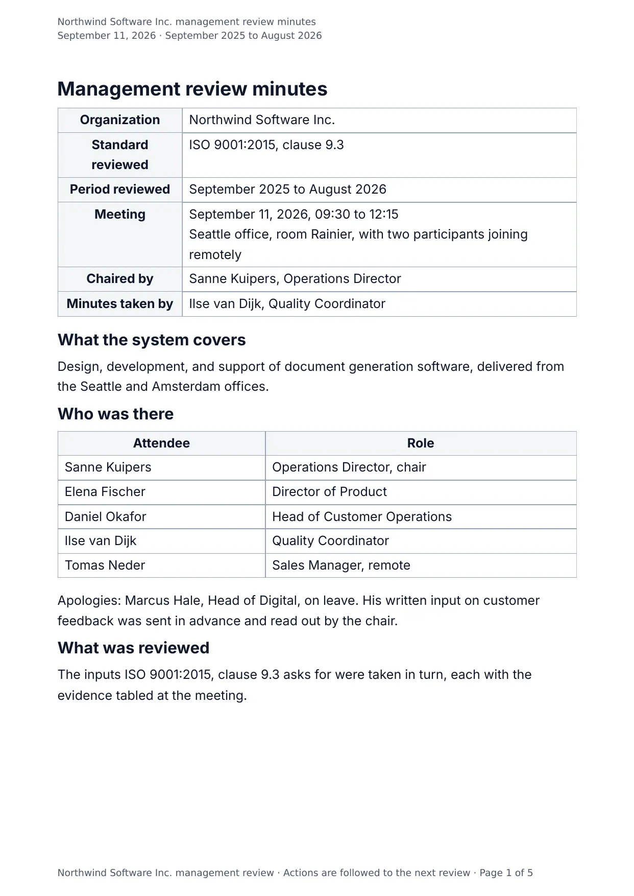 The document DocMake makes from the Management Review Minutes template