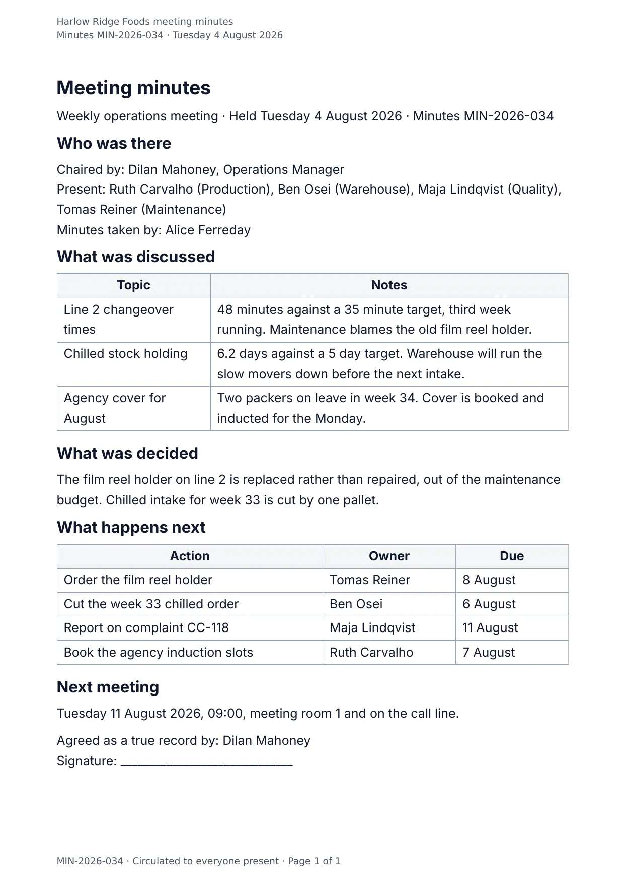 The document DocMake makes from the Meeting Minutes template