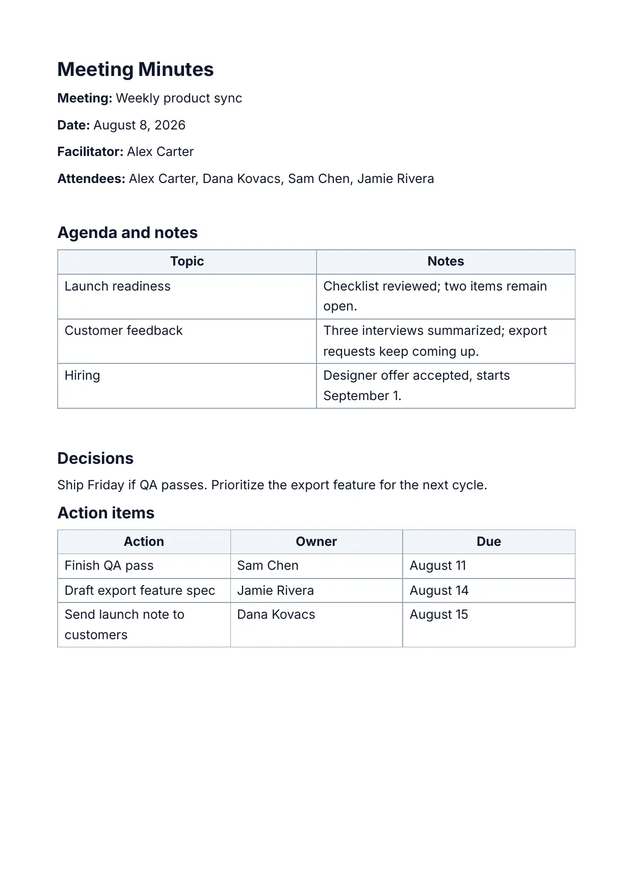 Meeting Minutes template rendered by DocMake