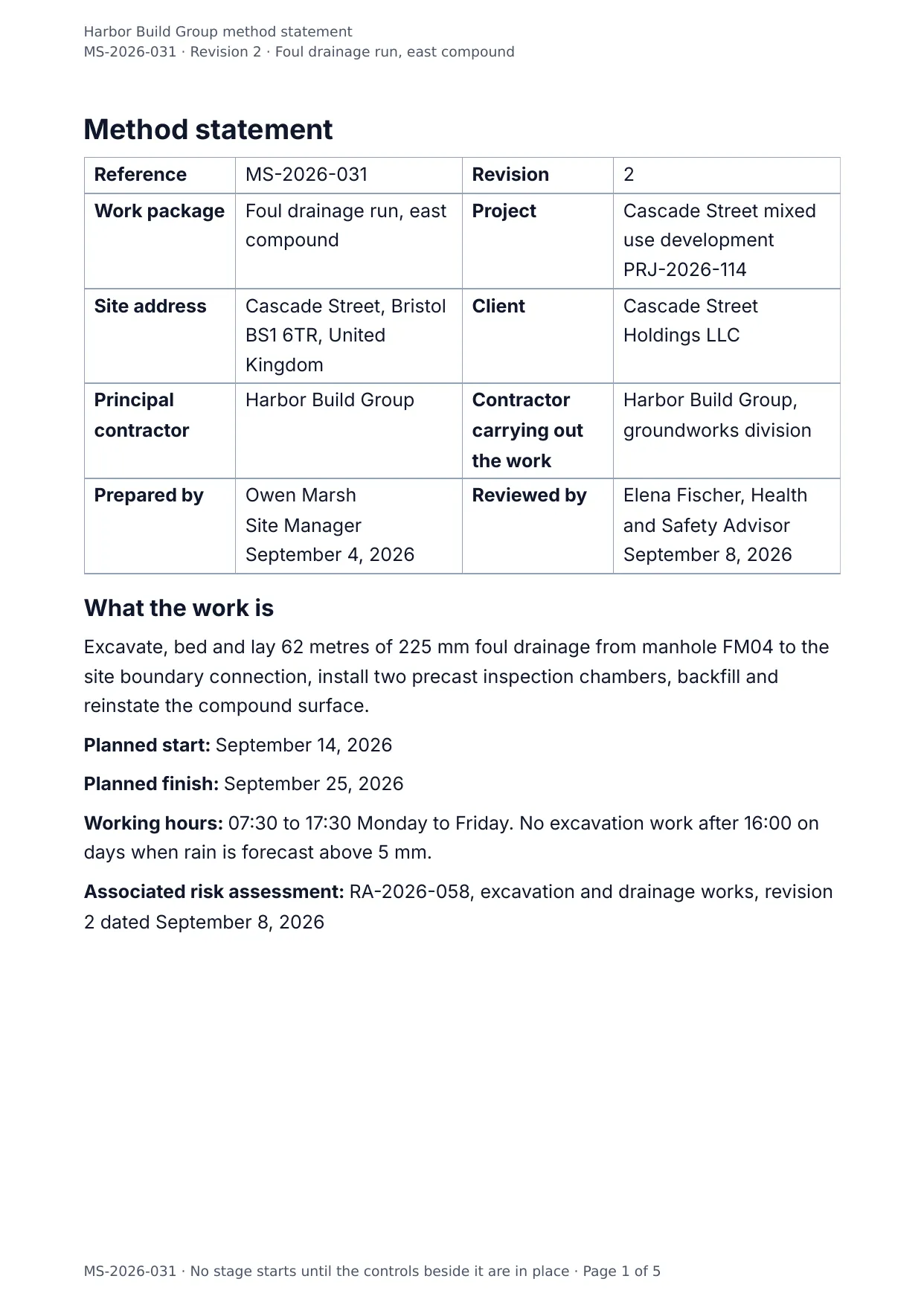The document DocMake makes from the Method Statement template