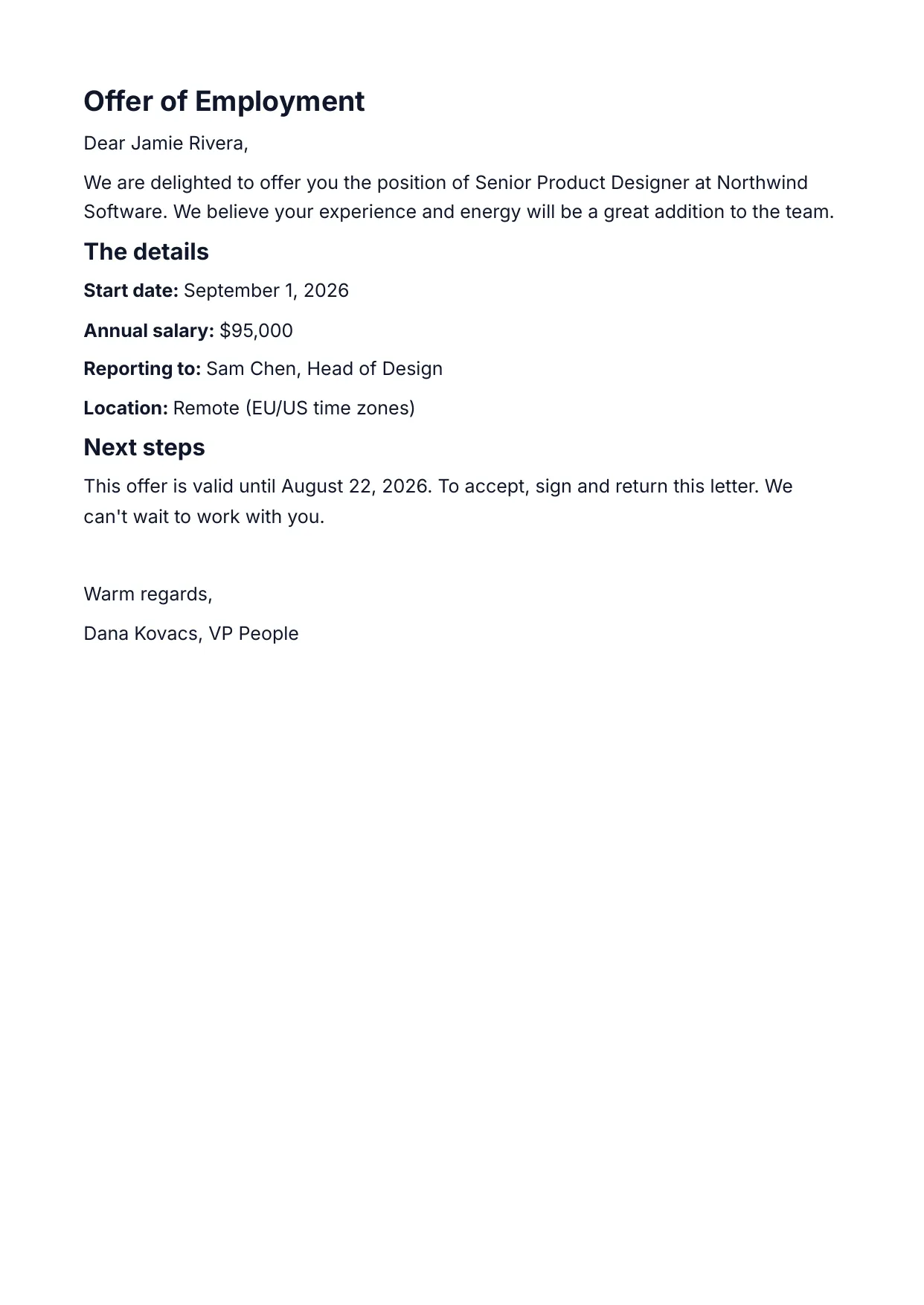 Job Offer Letter template rendered by DocMake