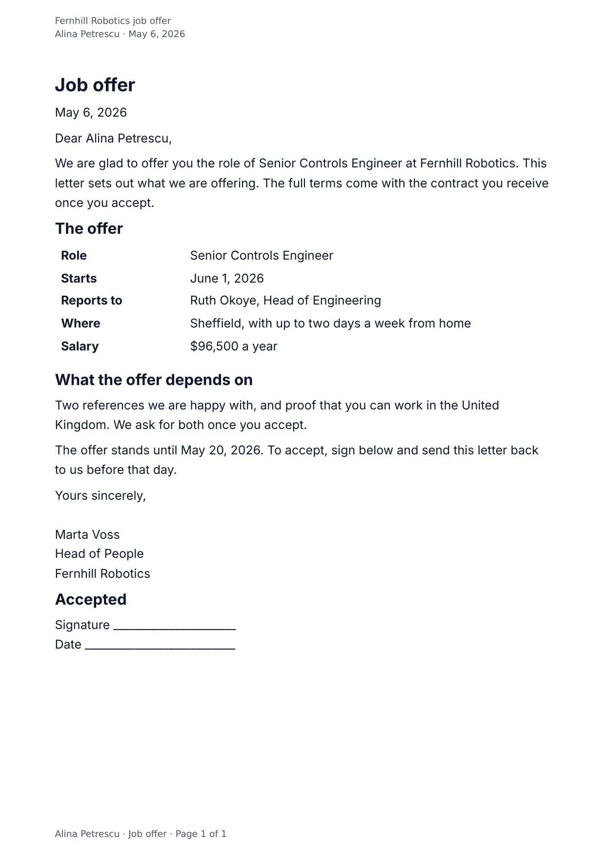 The document DocMake makes from the Job Offer Letter template