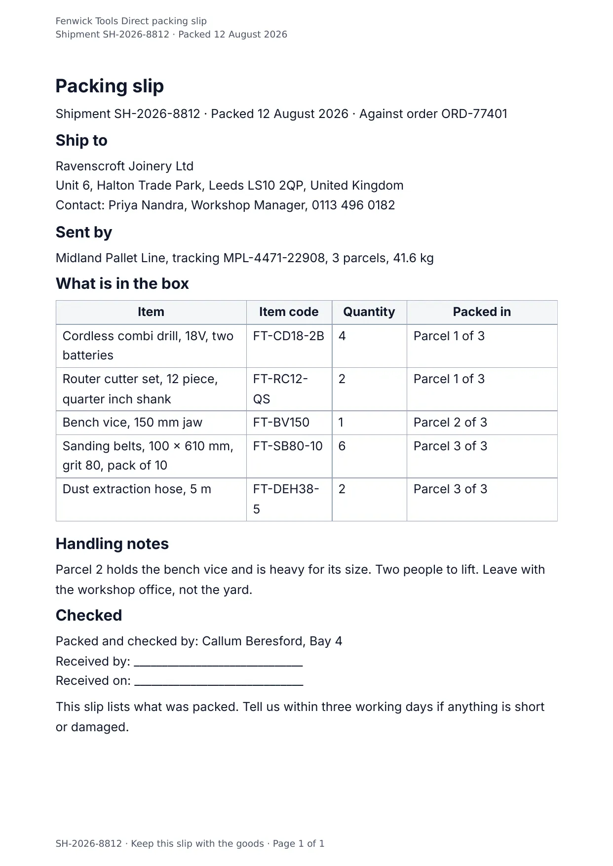 The document DocMake makes from the Packing Slip template