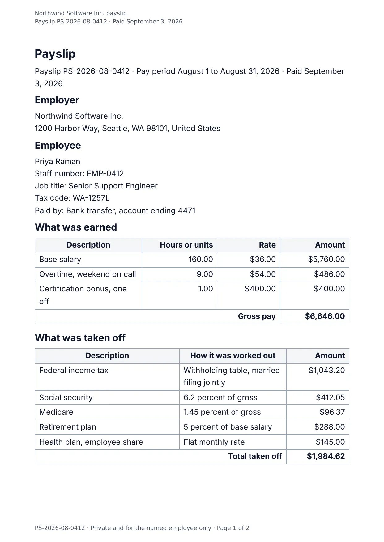 The document DocMake makes from the Payslip template