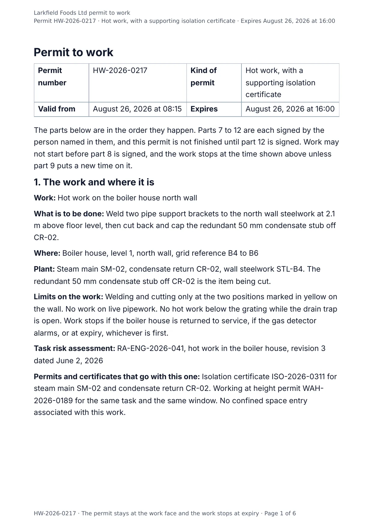 The document DocMake makes from the Permit to Work template