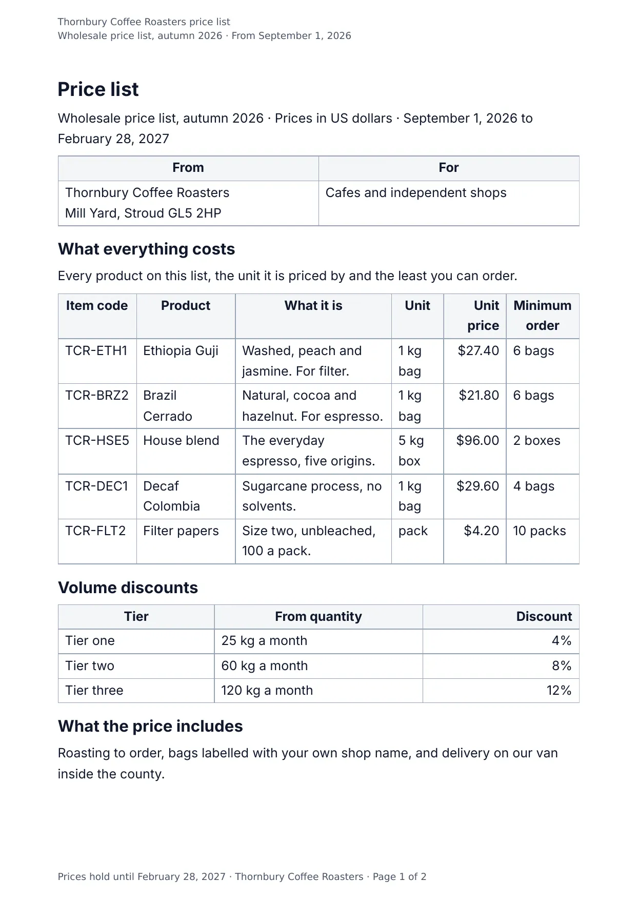 The document DocMake makes from the Price List template