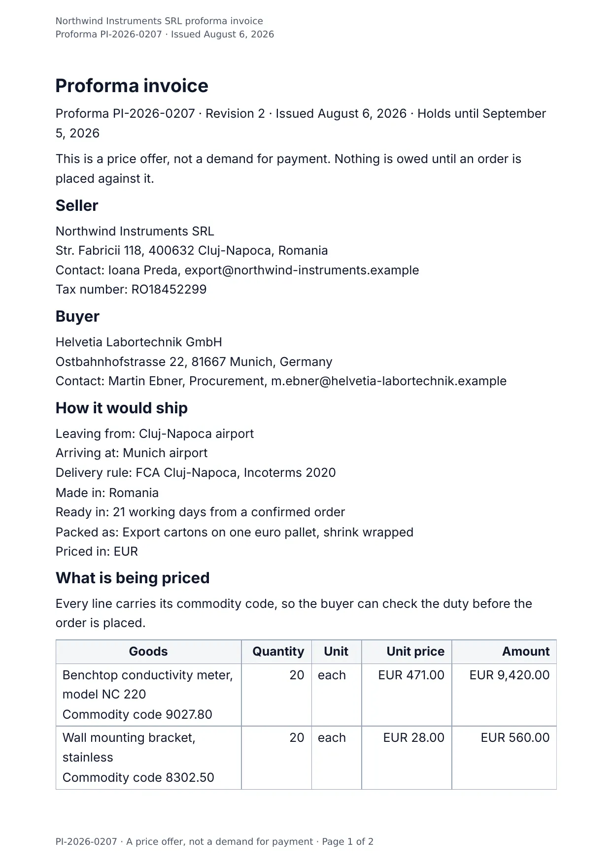 The document DocMake makes from the Proforma Invoice template