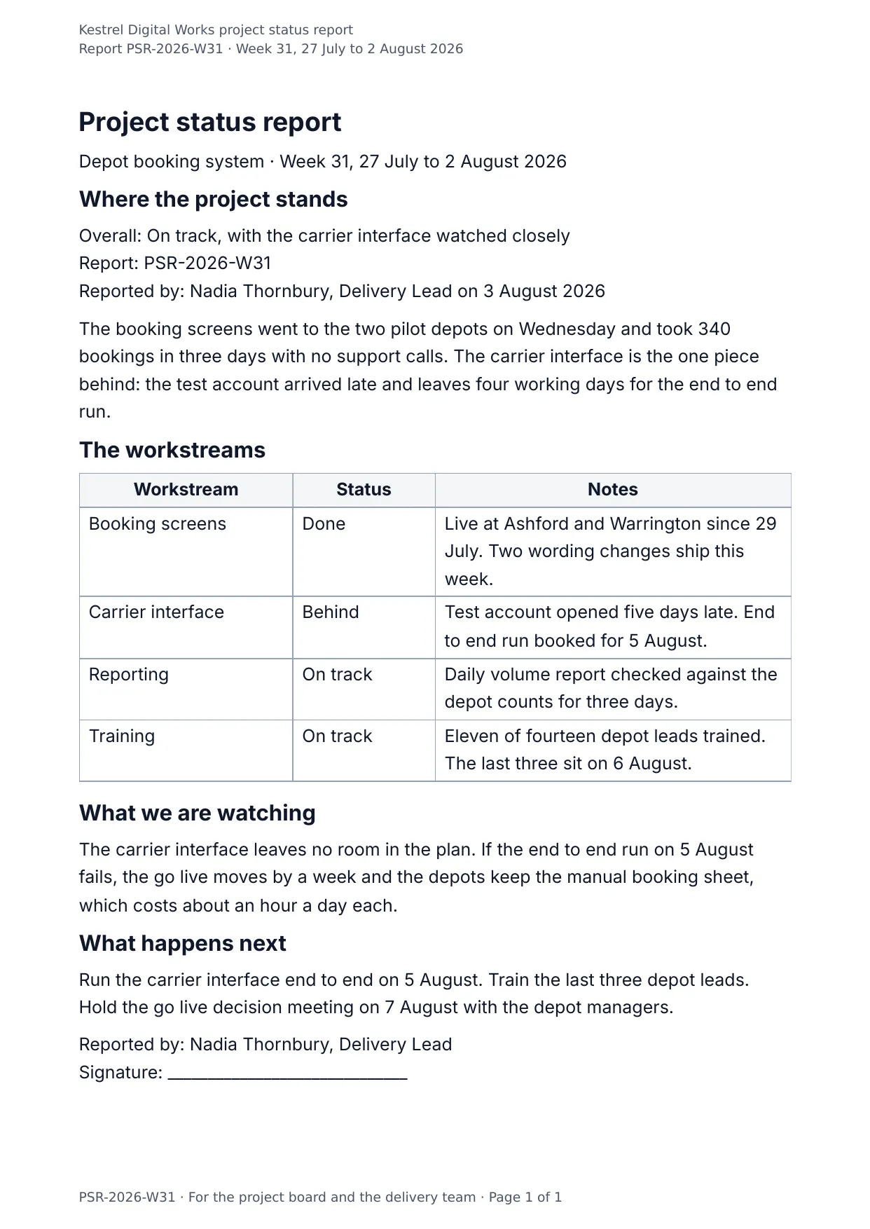 The document DocMake makes from the Project Status Report template
