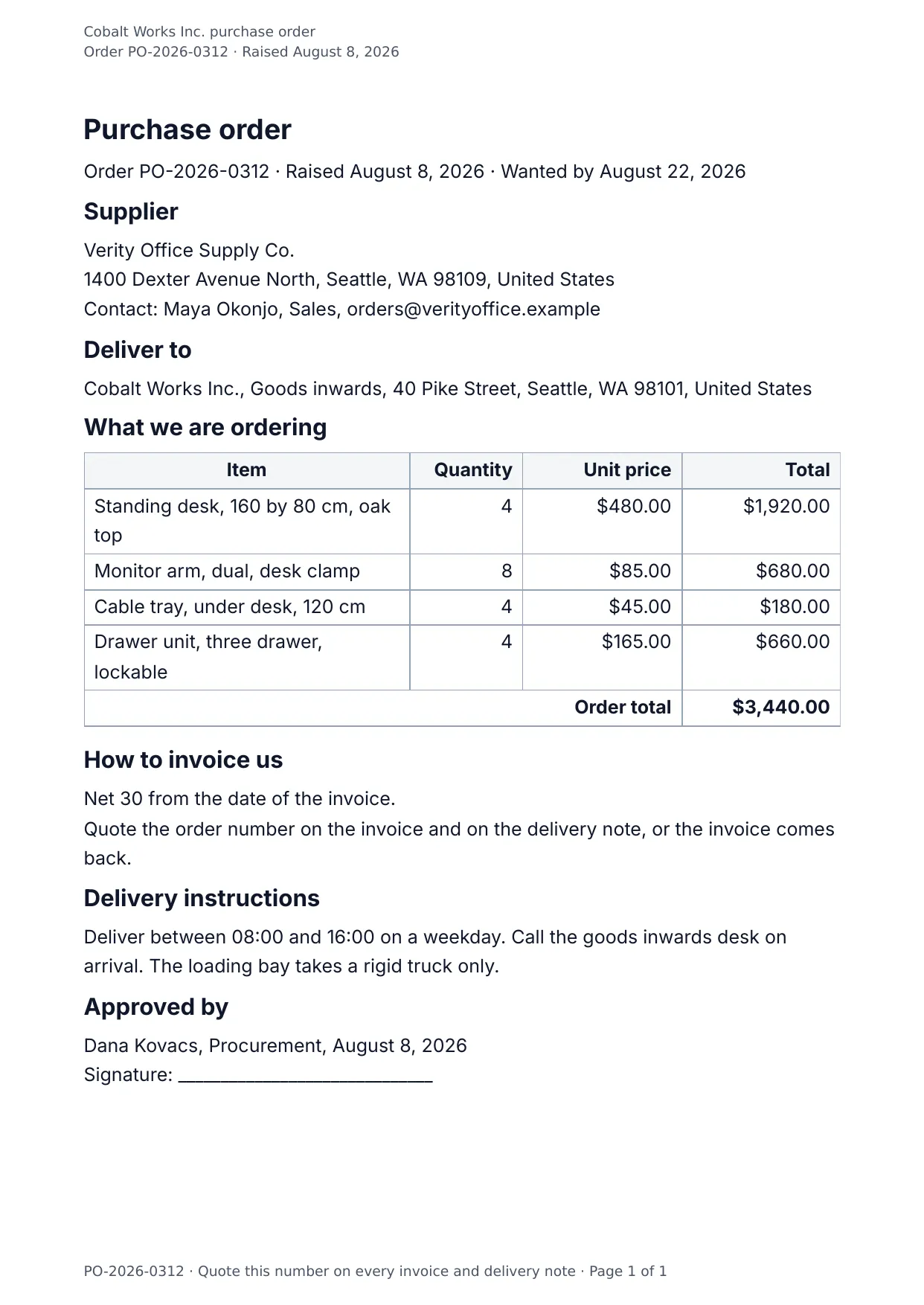 The document DocMake makes from the Purchase Order template