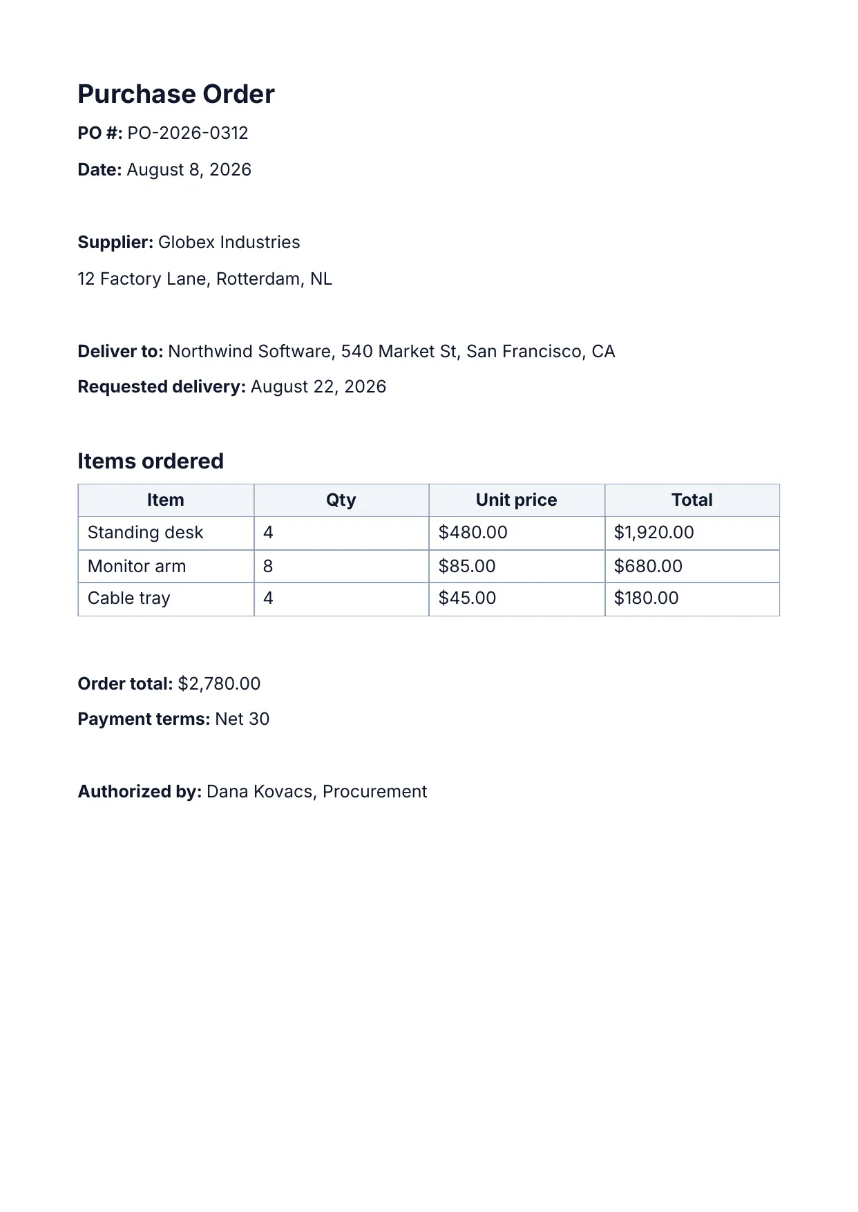 Purchase Order template rendered by DocMake