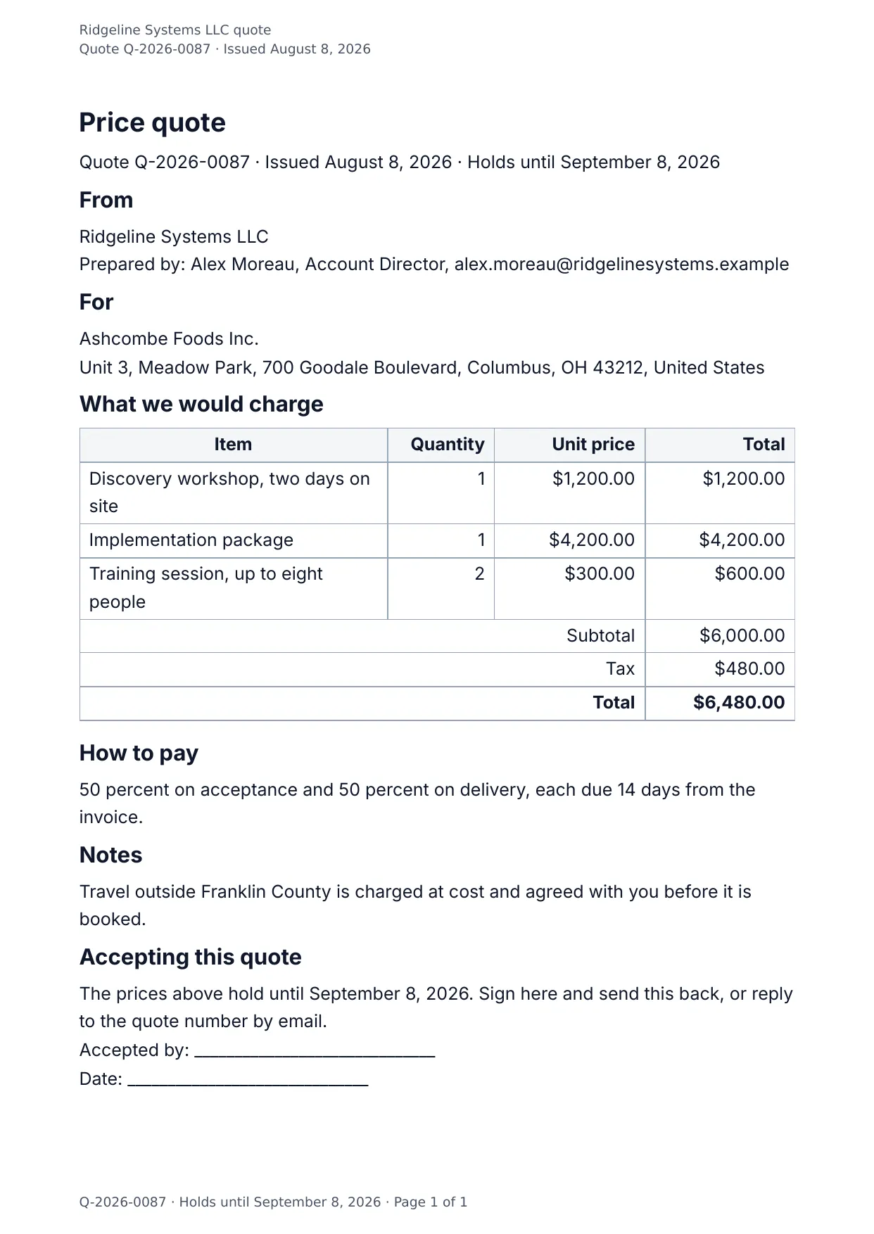 The document DocMake makes from the Price Quote template