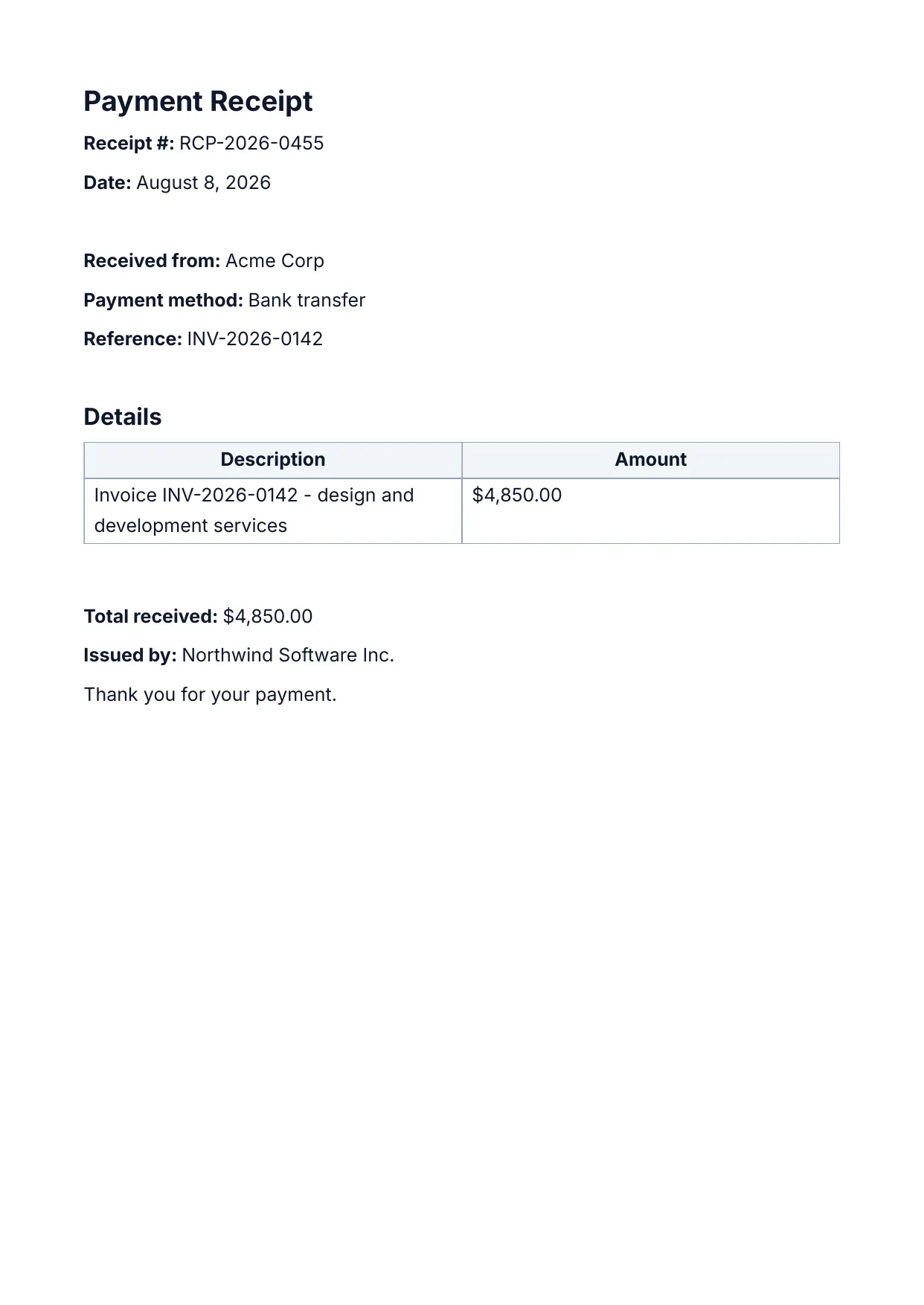 Payment Receipt template rendered by DocMake