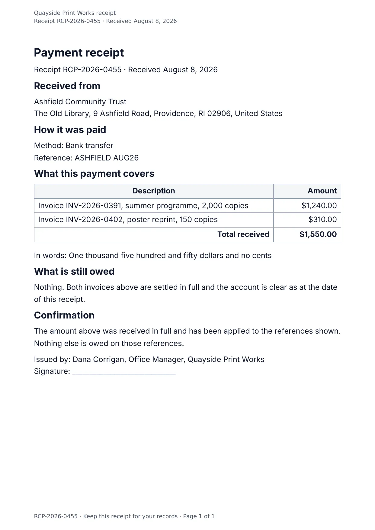 The document DocMake makes from the Payment Receipt template