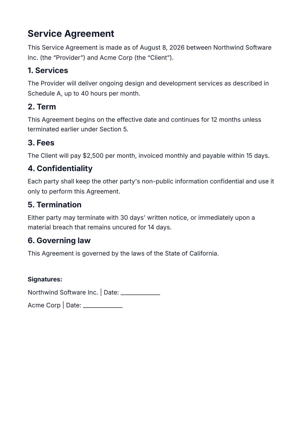 Service Agreement template rendered by DocMake