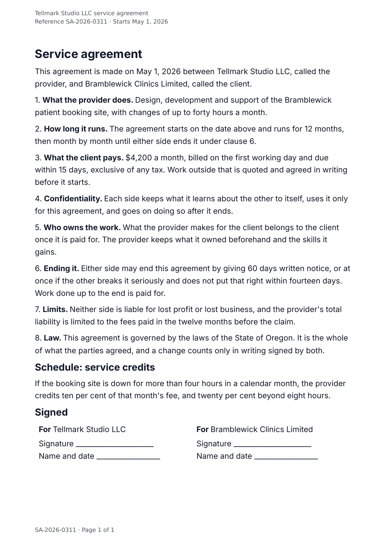 The document DocMake makes from the Service Agreement template
